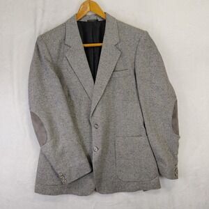 Vintage Webster Mens Grey Herringbone Blazer Suede Elbow Patches England 40R